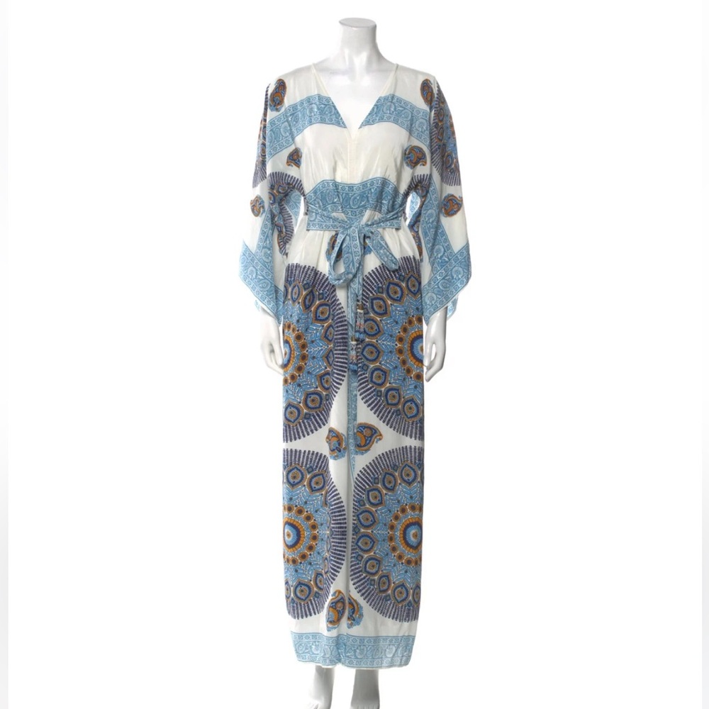 Calypso St. Barth sz S blue and white medallion print silk maxi dress.